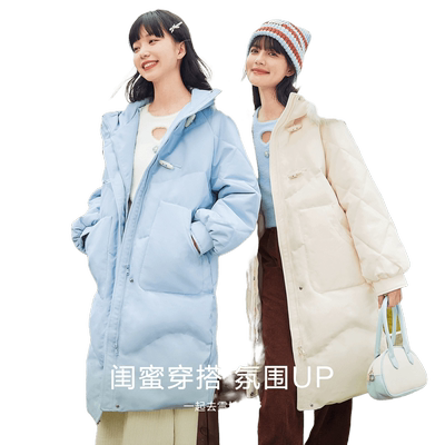 森马宽松长款连帽厚羽绒服女