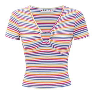 Go Girl Go 自制欧美风爱心扣彩色条纹V领短袖T恤女修身短款上衣