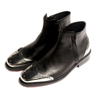 JINIWU吾倪季2025欧美皮靴纯黑牛皮金属头尾BROGUE踝靴双拉链短靴
