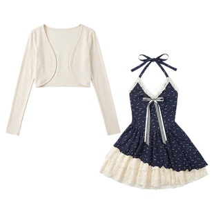 织物猪 蓝屿花叙 甜欲风挂脖连衣裙女初夏碎花裙海边度假小短裙子