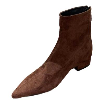 尖头粗跟瘦瘦靴女绒面韩系小短靴