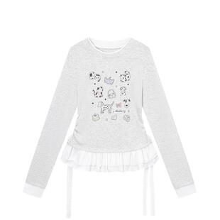 ablueberry 动物刺绣长袖t恤女26春荷叶边下摆韩系设计感辣妹上衣