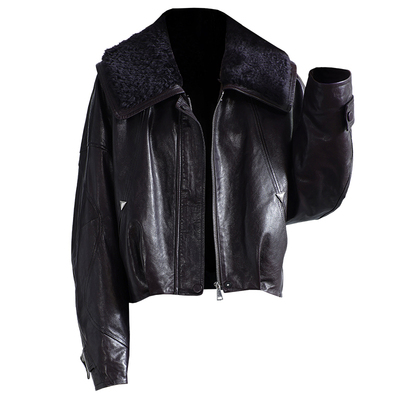 翻领海宁头层绵羊皮衣鹅绒外套