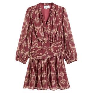 bash春季伯爵夫人法式摩登V领收腰长袖连衣裙度假风短裙1E25MINT