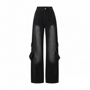 特大码胖mm辣妹风黑色工装阔腿牛仔裤女梨型遮胯显瘦加长拖地裤子