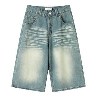 白口阳【格朗德海汐】做旧水洗猫须七分牛仔裤休闲宽松廓形短裤男