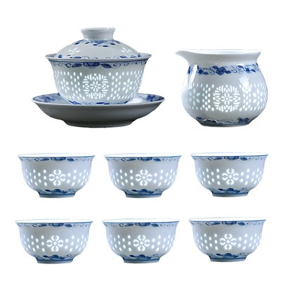 景德镇陶瓷青花玲珑瓷茶具套装