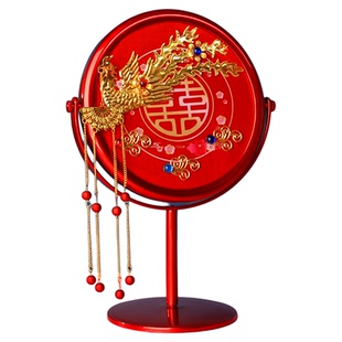 结婚镜子梳子一对套装高档化妆镜台式梳妆镜婚礼新娘陪嫁红色木梳