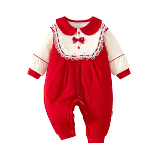 婴儿红色过年拜年服加棉120g宝宝连体衣夹棉加厚秋冬装连身衣爬服