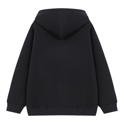 Basic House/百家好宽松黑色卫衣女春季新款连帽抽绳拉链简约外套