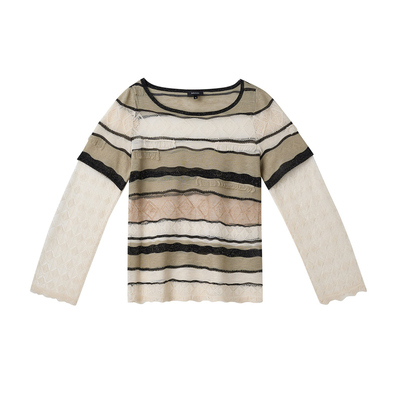 【现货】SHELLE ARTISTE26夏季新款条纹肌理假两件镂空钩花上衣