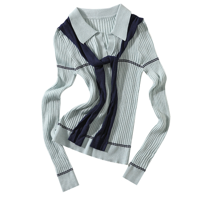 大于诗集 一样的月光 假两件撞色POLO领短款针织衫女设计感内搭春