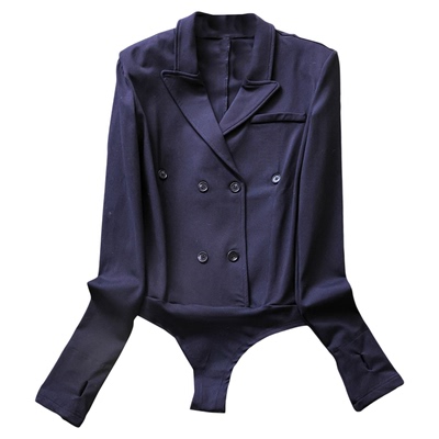 V领弹力针织修身西装外套连体衣