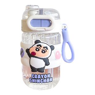 正版联名蜡笔小新玻璃杯儿童高颜值吸管杯子可爱学生便携双饮水杯