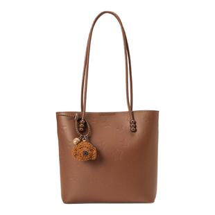 畹町趣味压纹手提斜挎包可露丽风棕色小托特包秋冬复古单肩包包女