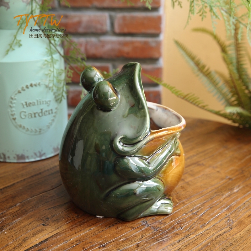 创意大嘴青蛙门厅招财储蓄罐水培花盆笔筒杂物收纳客厅装饰摆件
