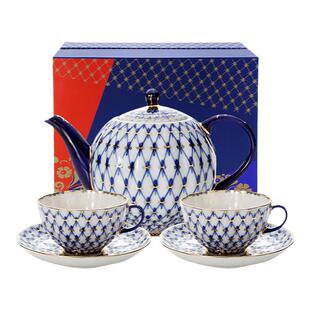 俄皇LOMONOSOV钴蓝网纹咖啡杯子高档精致陶瓷欧式下午茶套装礼盒