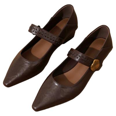 西町村屋法式风玛丽珍鞋女新款气质感尖头浅口粗跟单鞋XHBA20003