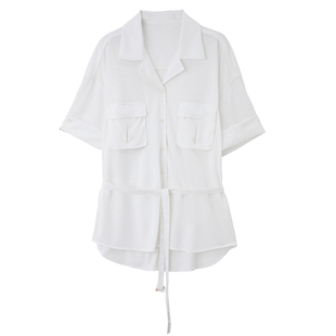 BALIANG捌梁〔薄曦〕薄雾针织垂感天丝宽松亚麻腰带衬衫短袖上衣