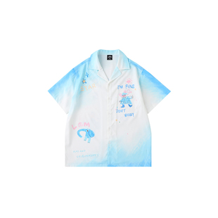 LAMLICKA渐变涂鸦夏季短袖古巴领衬衫男多巴胺潮牌宽松薄白色衬衣