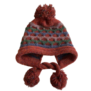 复古费尔岛红色毛球针织帽女冬新款大头围毛线帽防寒保暖护耳帽子