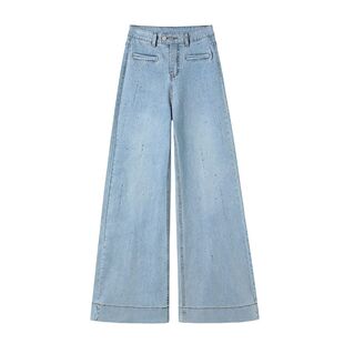 小个子烫钻加绒微喇牛仔裤过年女款时尚满天星浅蓝色九分喇叭裤子