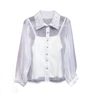 2022春夏新款法式宫廷风重工钉珠镶钻灯笼袖甜美百搭欧根纱衬衫女