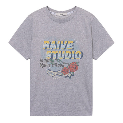 RAIVE晕染字母玫瑰印花宽松短袖T