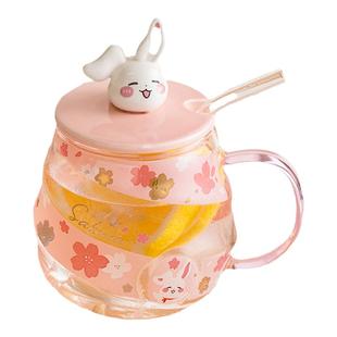 小兔早餐马克杯耐高温吸管杯花茶杯高硼硅玻璃杯大容量带盖勺子