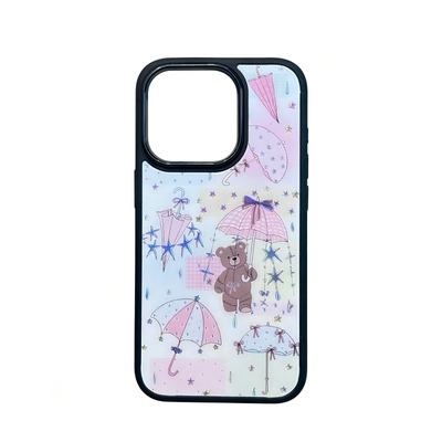鎏金镭射可爱粉伞泰迪熊手机壳