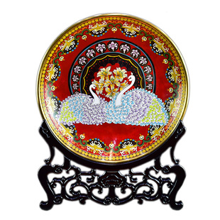 北京景泰蓝15寸百年好合天鹅赏盘子红色结婚礼品新中欧式客厅摆件