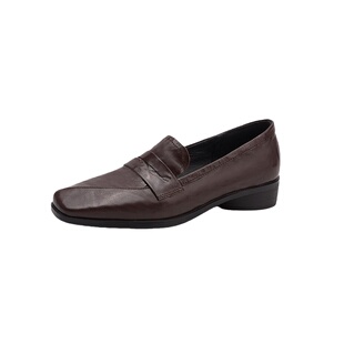 羊皮~方头乐福鞋女2025新款一脚蹬通勤单鞋棕色粗跟英伦风小皮鞋