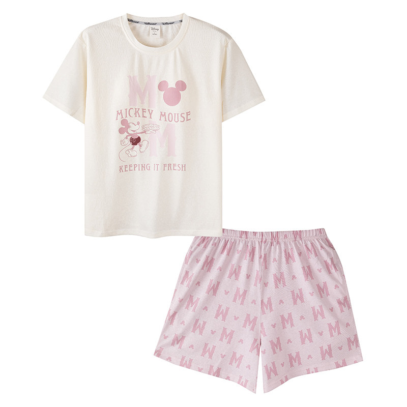 Disney迪士尼夏季新款短袖短裤女生带胸垫卡通格子外穿家居服0407