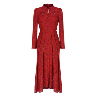 固执《朱华》春季新款新中式钉珠长袖蕾丝连衣裙20041LQ08830