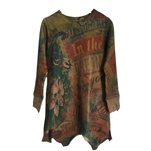 做旧复古印花针织衫女长袖2025年秋冬前短后长a型打底衫套头百搭