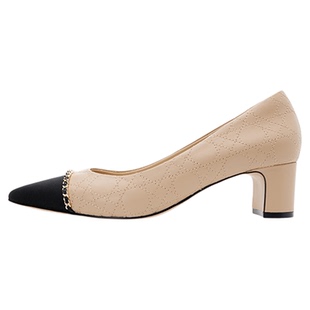 LINGMEICHEN小香风单鞋尖头拼色高跟鞋新款粗跟气质裸色中跟女鞋