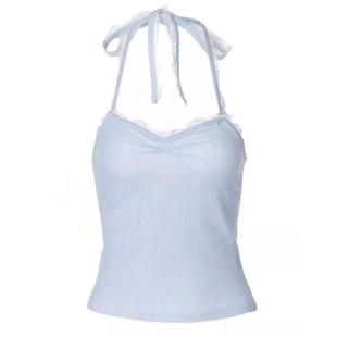 带胸垫上衣夏装新款辣妹纯欲蕾丝花边拼接挂脖绑带露背防凸点背心