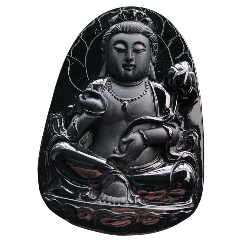 缅甸纯天然翡翠A货墨翠观音挂件