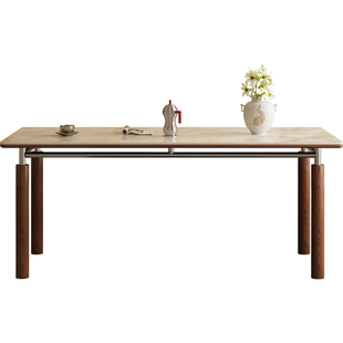 斐度包豪斯洞石岩板餐桌餐厅家用饭桌设计师中古风实木长方形餐桌