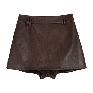 MULVAN  西部日落 复古黑色PU皮裙裤女高腰设计感包臀A字半身短裙