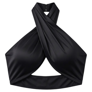 Solid halter neck off-the-shoulder T-shirt纯色挂脖露肩小吊带