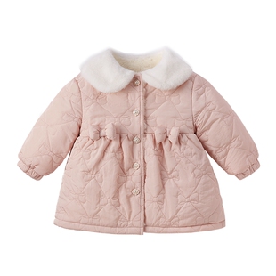 [抗菌远红外]女童2026新款棉服宝宝秋冬加绒中长款粉色儿童外套女