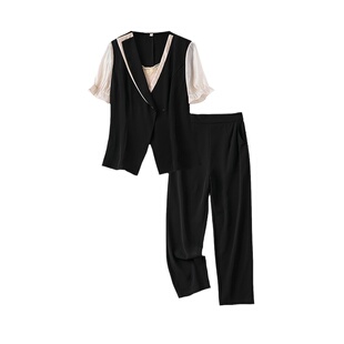 紫米衣坊西装套装女新款休闲时尚修身显瘦气质三件套短袖西服套裤