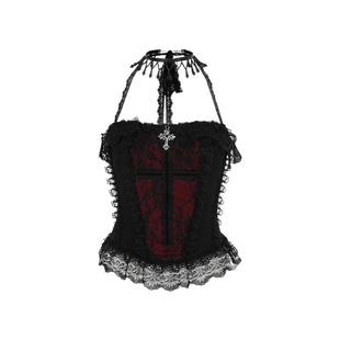 暗黑系欧美原创哥特风蕾丝挂脖背心女公爵夫人黑红抹胸吊带上衣秋