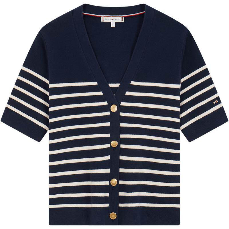 Tommy女装条纹纽扣V领短袖开衫