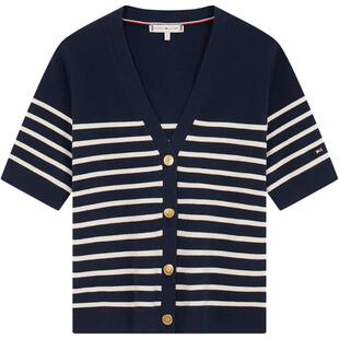 Tommy春夏女装优雅休闲通勤条纹纽扣V领合身打底衫短袖针织开衫