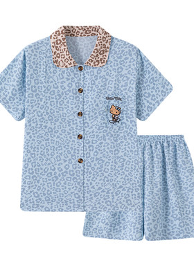 复古风蓝色豹纹短袖短裤夏季新款睡衣女学生宿舍套装家居服可外穿