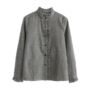 2025秋装新款黑白小格子衬衫女长袖木耳领花边领百搭修身外穿衬衣