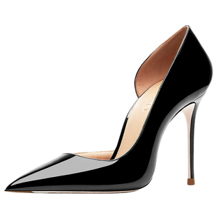 HLTINO2025年夏季新款黑色漆皮侧空尖头高跟鞋女细跟性感职业单鞋