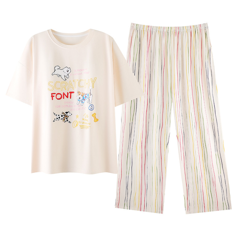 夏季纯棉带胸垫防凸点睡衣女套装